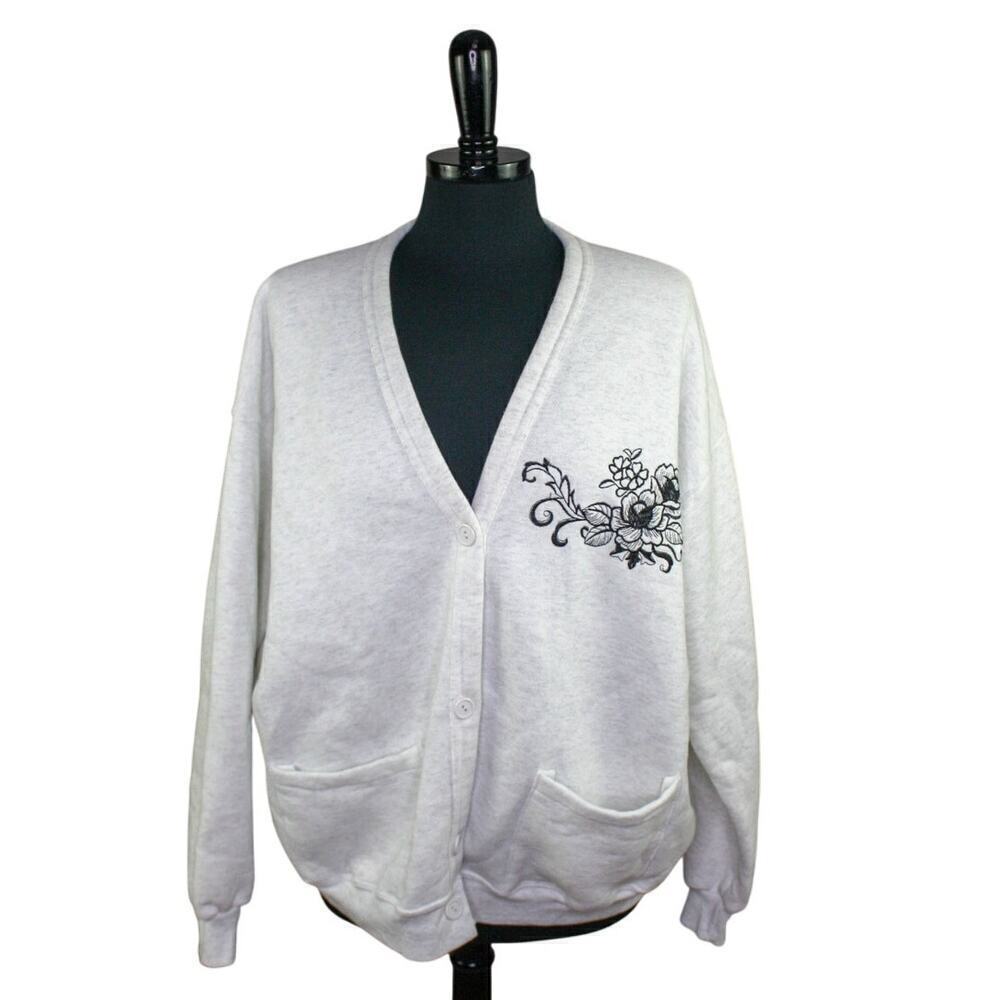 Vintage Won's Wear V Neck Cardigan Sweatshirt Embroidered Floral Preppy